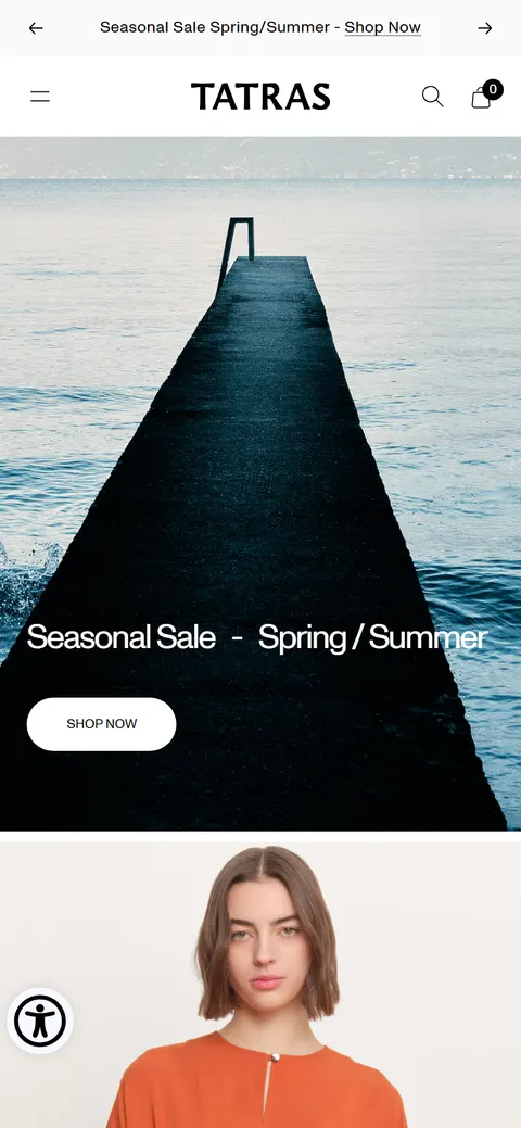 Tatras on a mobile viewport: the same cinematic pier hero, full-bleed, with the seasonal-sale headline and Shop Now button