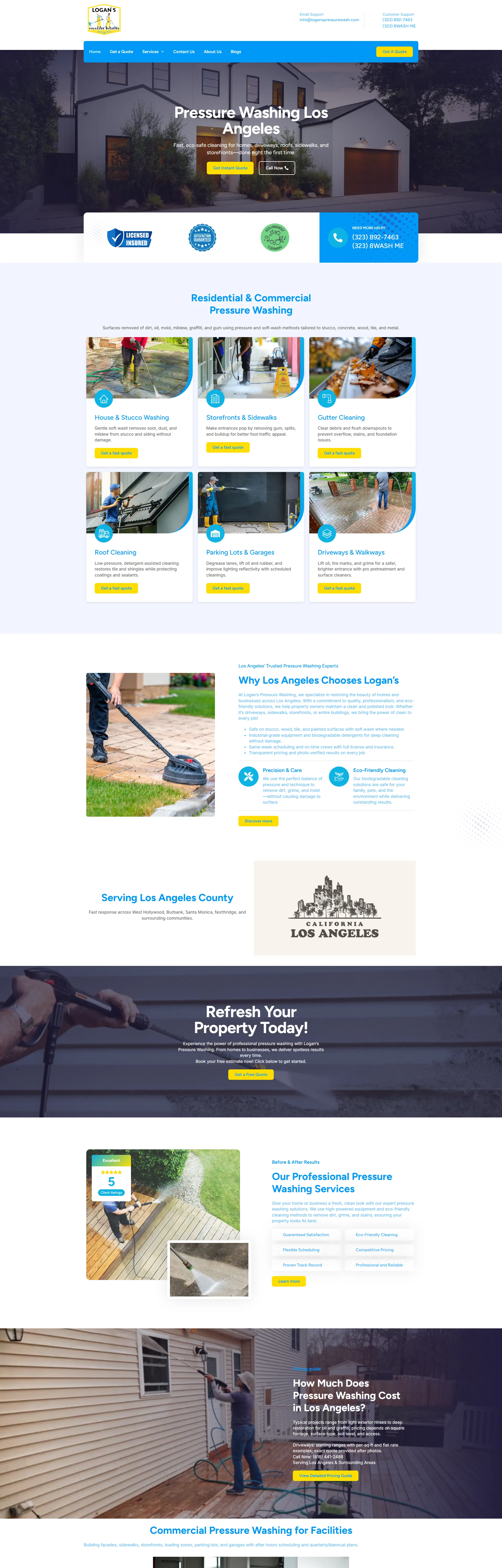 The full Logan's Pressure Washing homepage scroll: six service cards, a Why Los Angeles Chooses Logan's section, the Los Angeles County service area, a pricing guide and a commercial services section