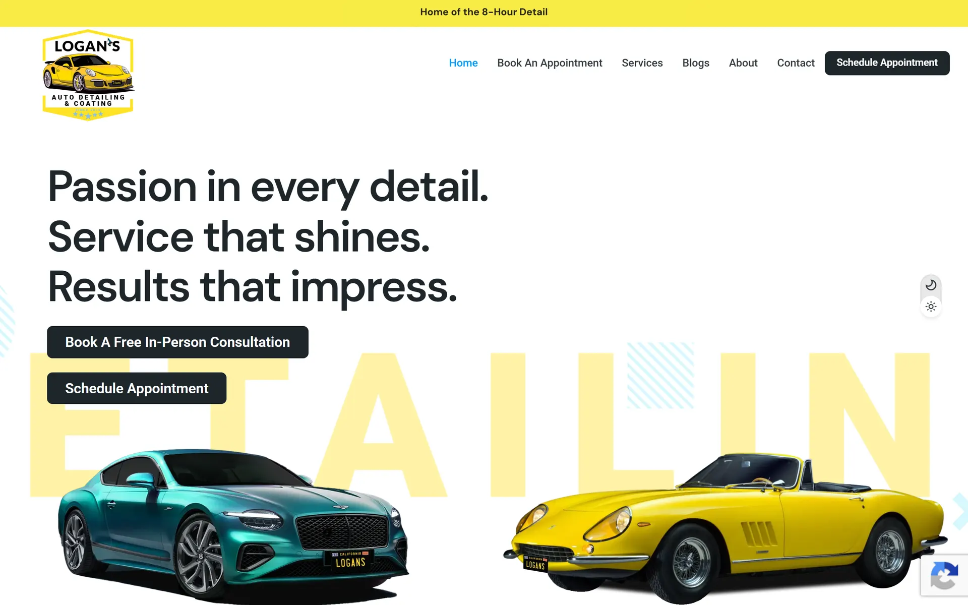 The Logan's Auto Detailing homepage: the headline Passion in every detail. Service that shines. Results that impress. above a teal Bentley and a classic yellow sports car, with consultation and appointment booking buttons