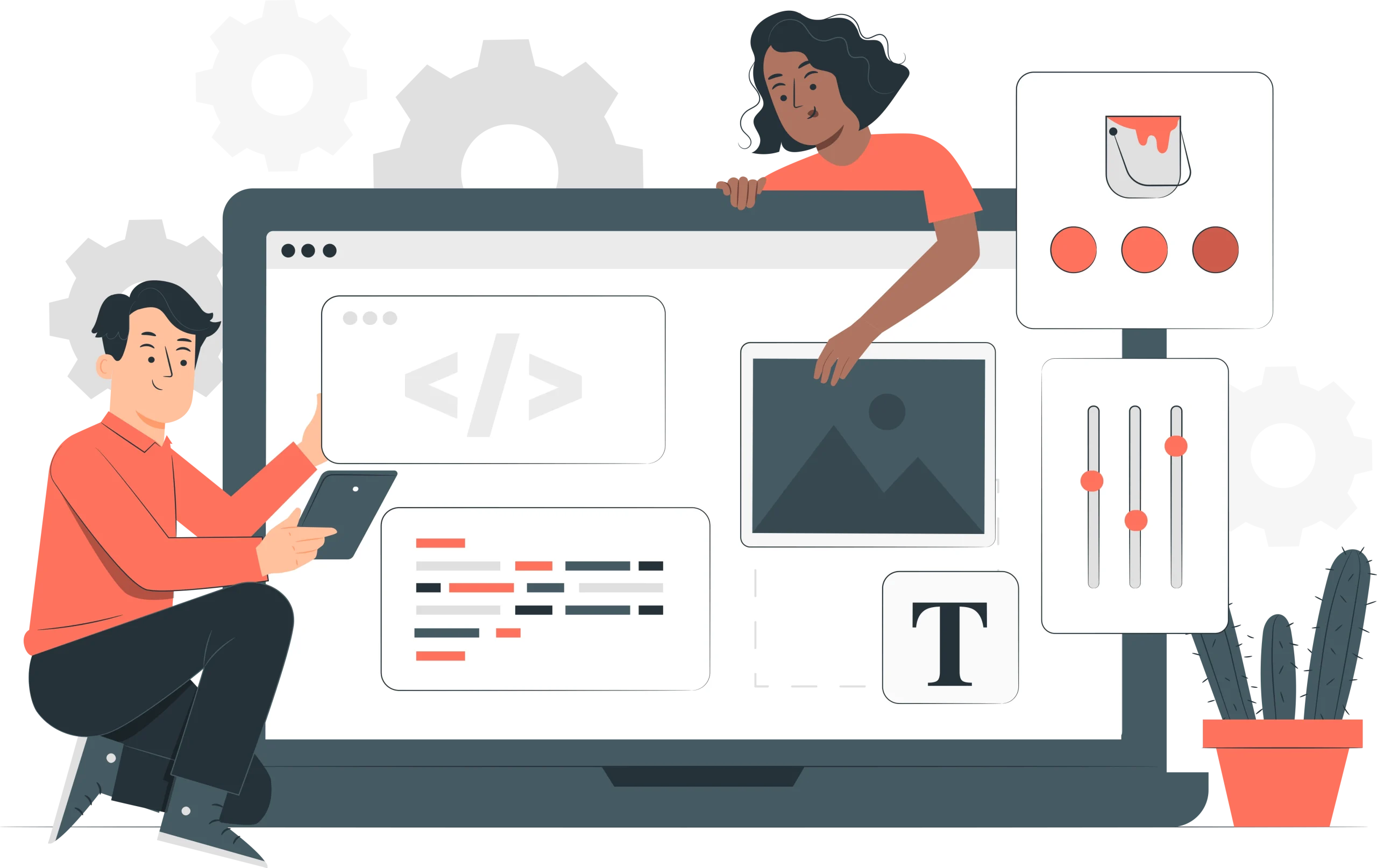 Illustration of developers building a website with code, layout and design tools