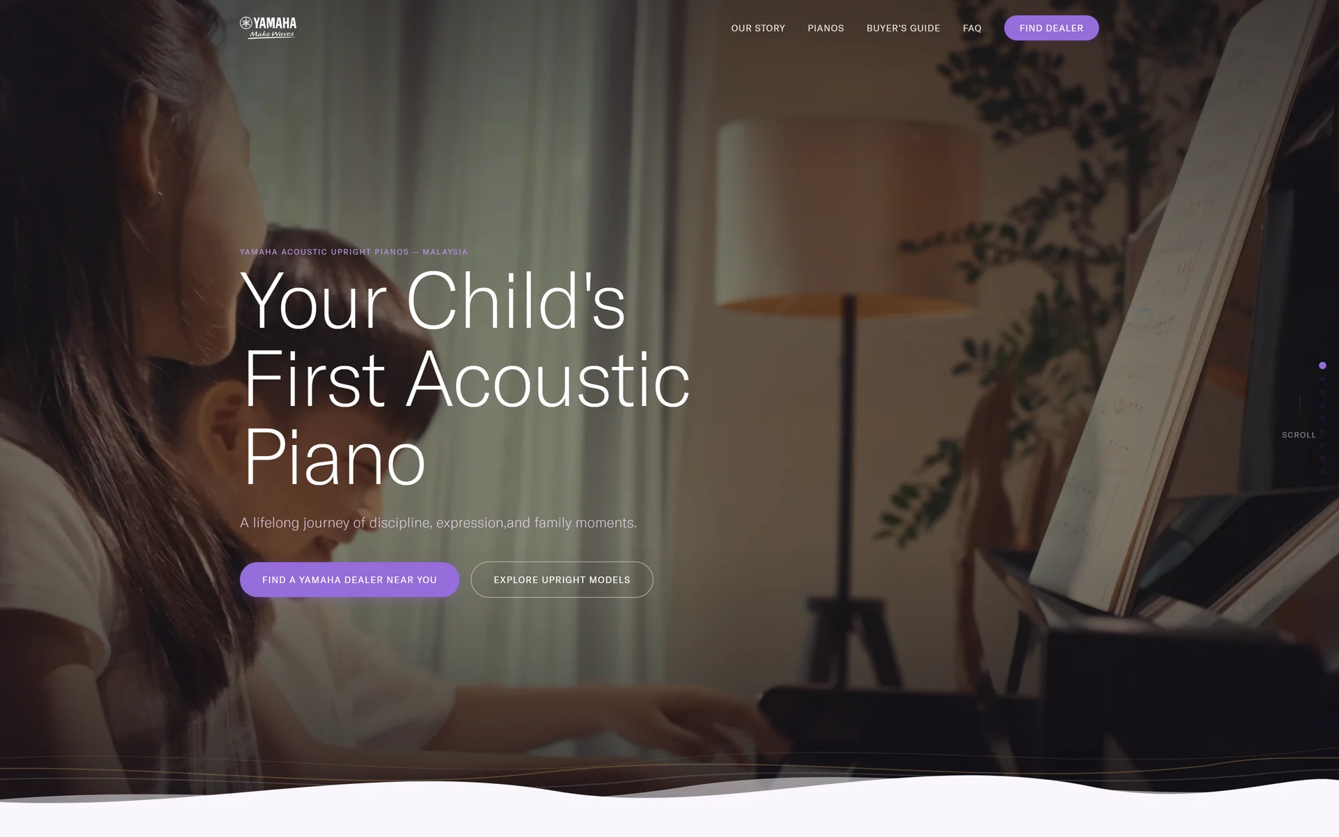 Yamaha acoustic upright pianos campaign page on desktop: the headline 'Your Child's First Acoustic Piano' in light type over a warm film still of children at an upright piano, with a lavender Find a Yamaha Dealer button and a white wave cutting across the base of the dark hero