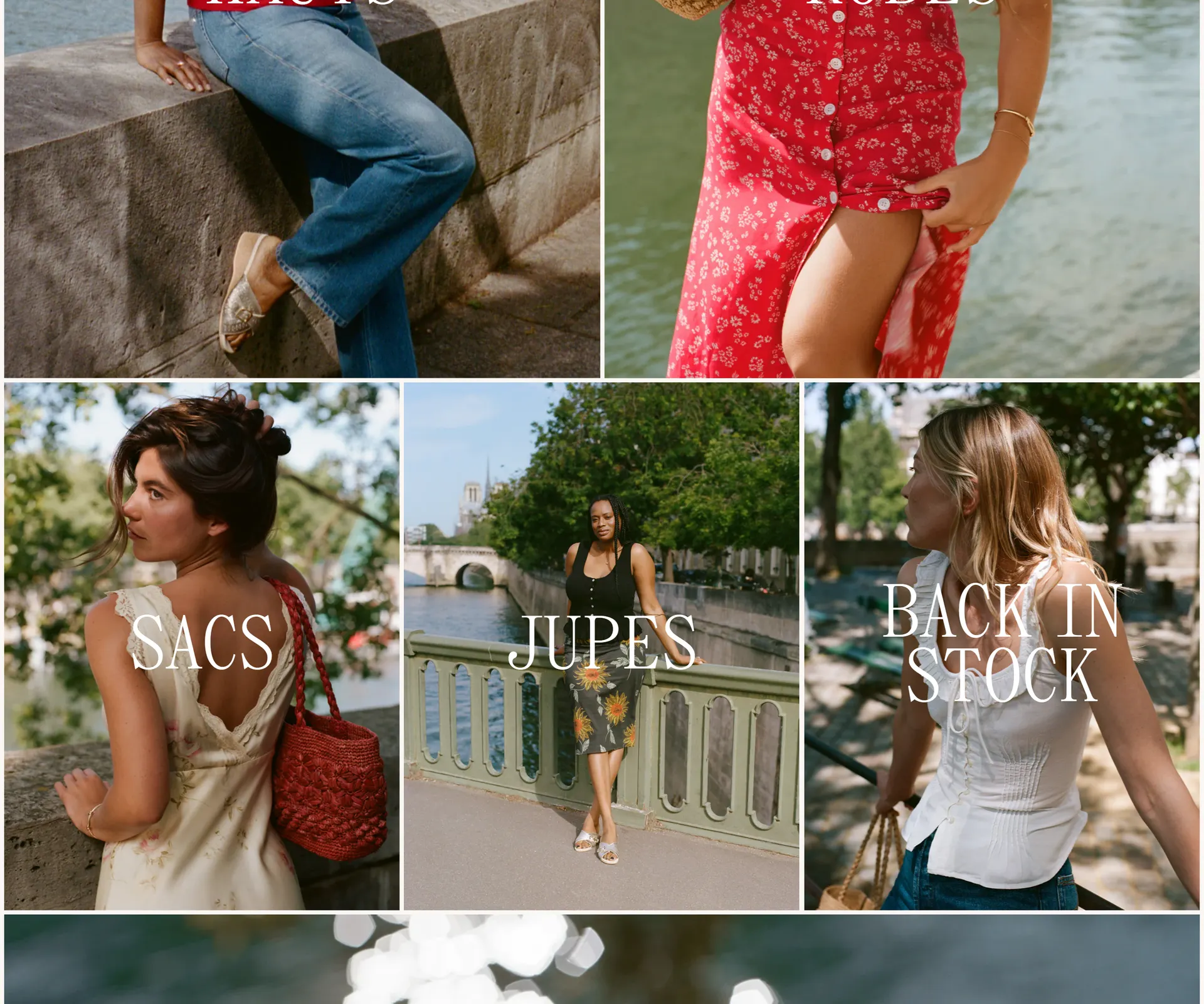 A section of the Rouje.com homepage: an editorial grid of Parisian lifestyle photography with categories labelled Sacs, Jupes and Back in Stock, shot along the Seine