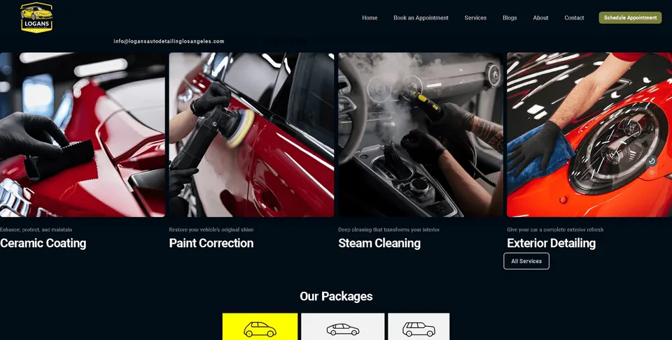 Logan's services section rendered in the dark theme: cards for Ceramic Coating, Paint Correction, Steam Cleaning and Exterior Detailing