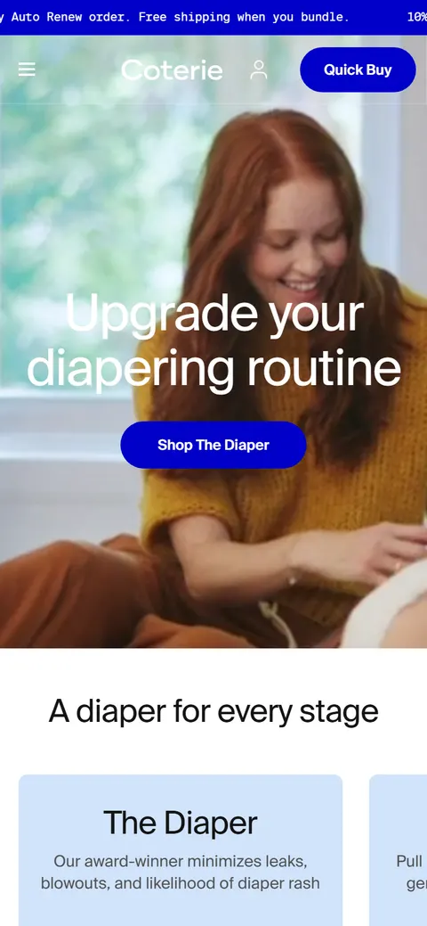 Coterie on a mobile viewport: the hero photography, the 'Upgrade your diapering routine' headline and the Shop The Diaper button, with the 'A diaper for every stage' section beginning below