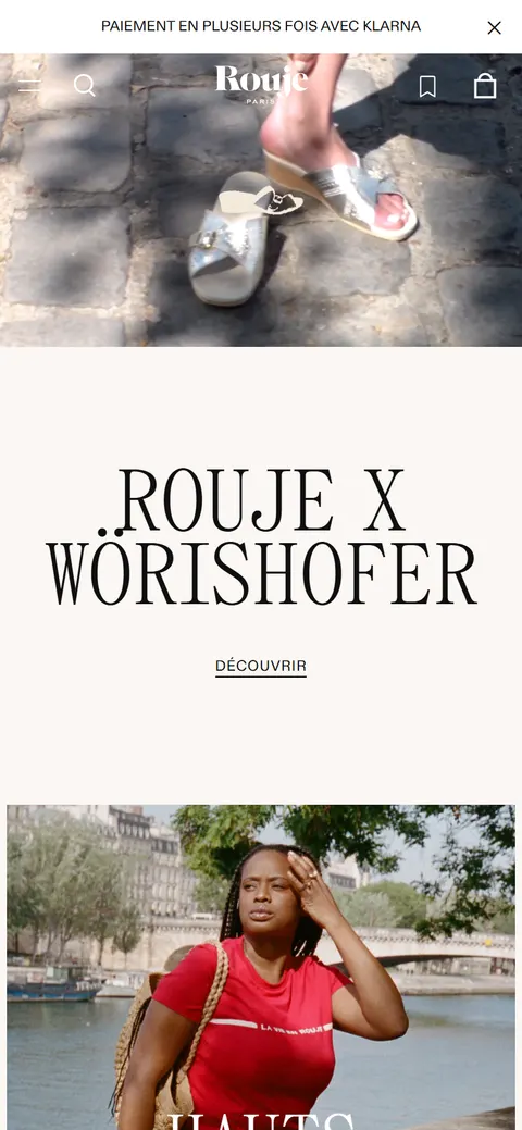 Rouje.com on a mobile viewport: the lookbook film at the top, a Rouje x Worishofer collaboration title, and Parisian lifestyle photography below
