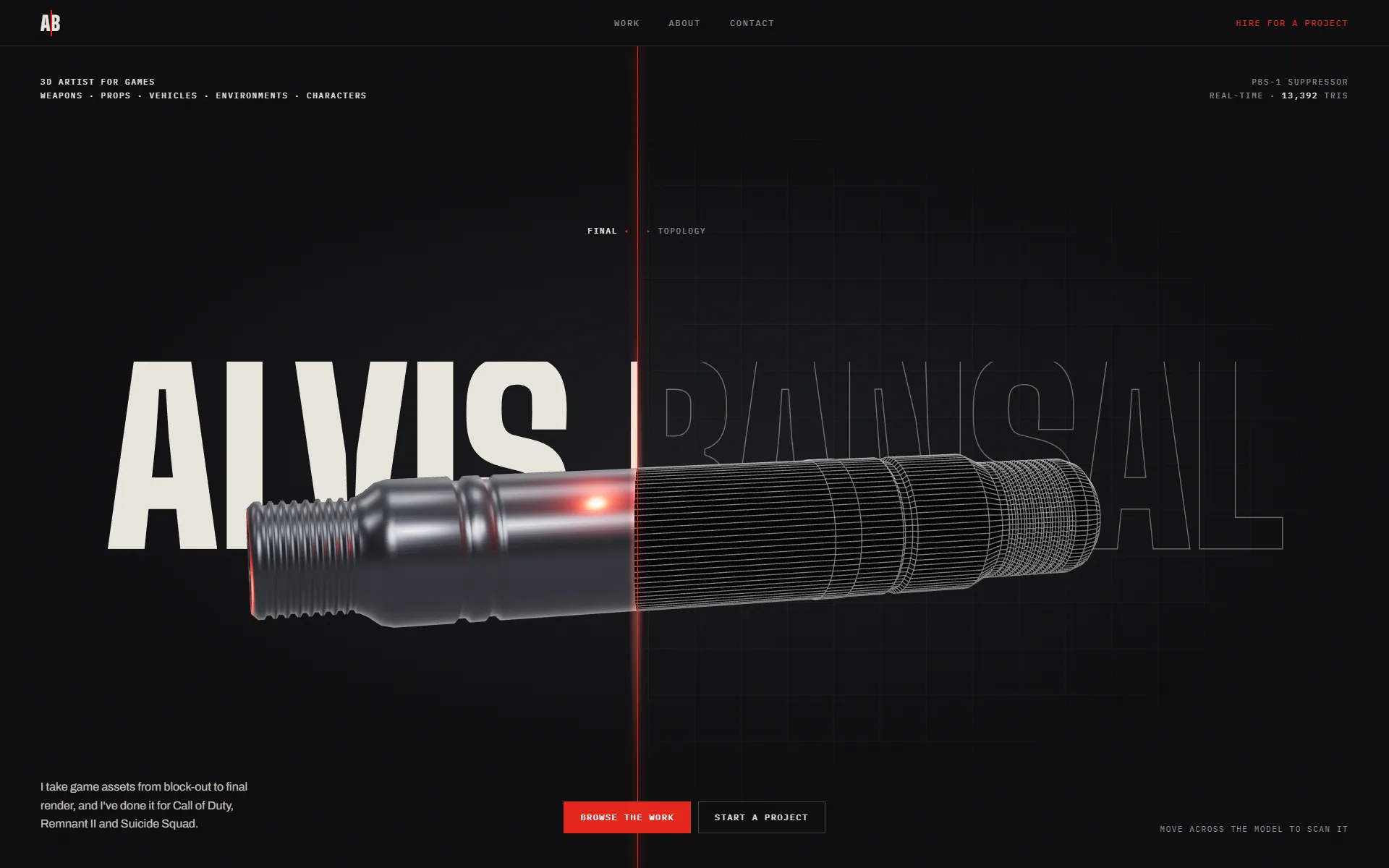 Direction one, Hero Scan: a 3D suppressor model split down the middle into a red-lit final render and a white wireframe, with the name Alvis Bansal split the same way behind it