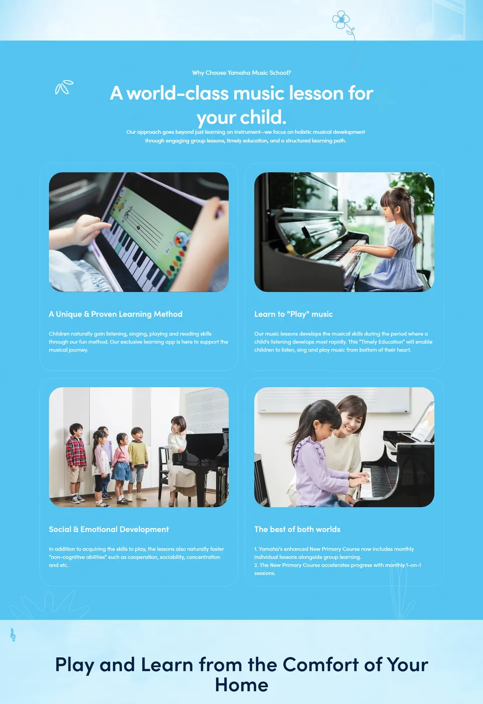 Middle sections of the New Primary Course page: 'A world-class music lesson for your child' with four photo cards explaining the Yamaha learning method
