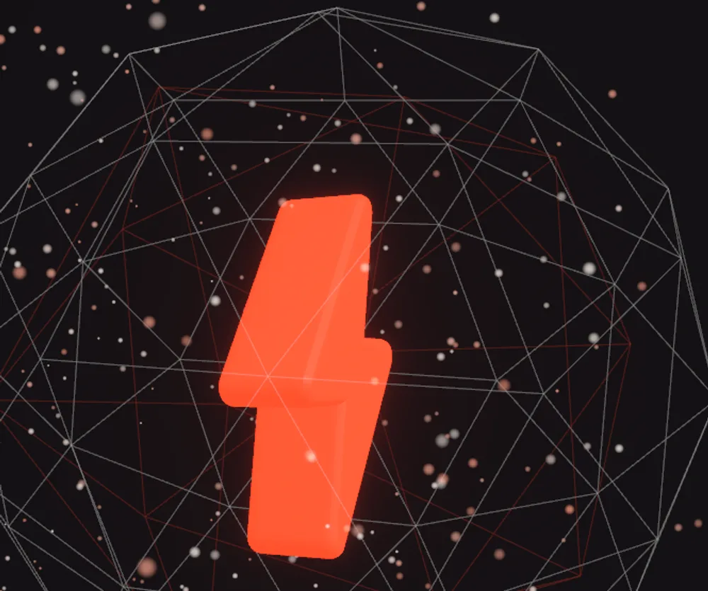 Glowing 3D Volts lightning bolt inside a wireframe sphere — real-time WebGL scene