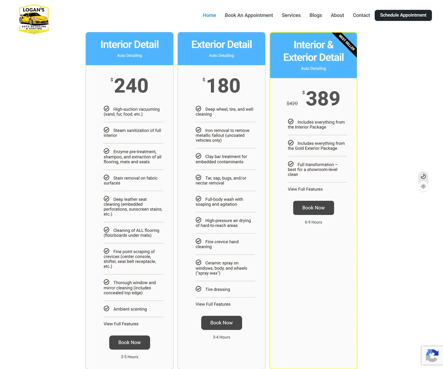 Logan's detailing packages on the live site: Interior Detail, Exterior Detail, and a best-seller Interior & Exterior Detail card, each listing exactly what's included above a Book Now button