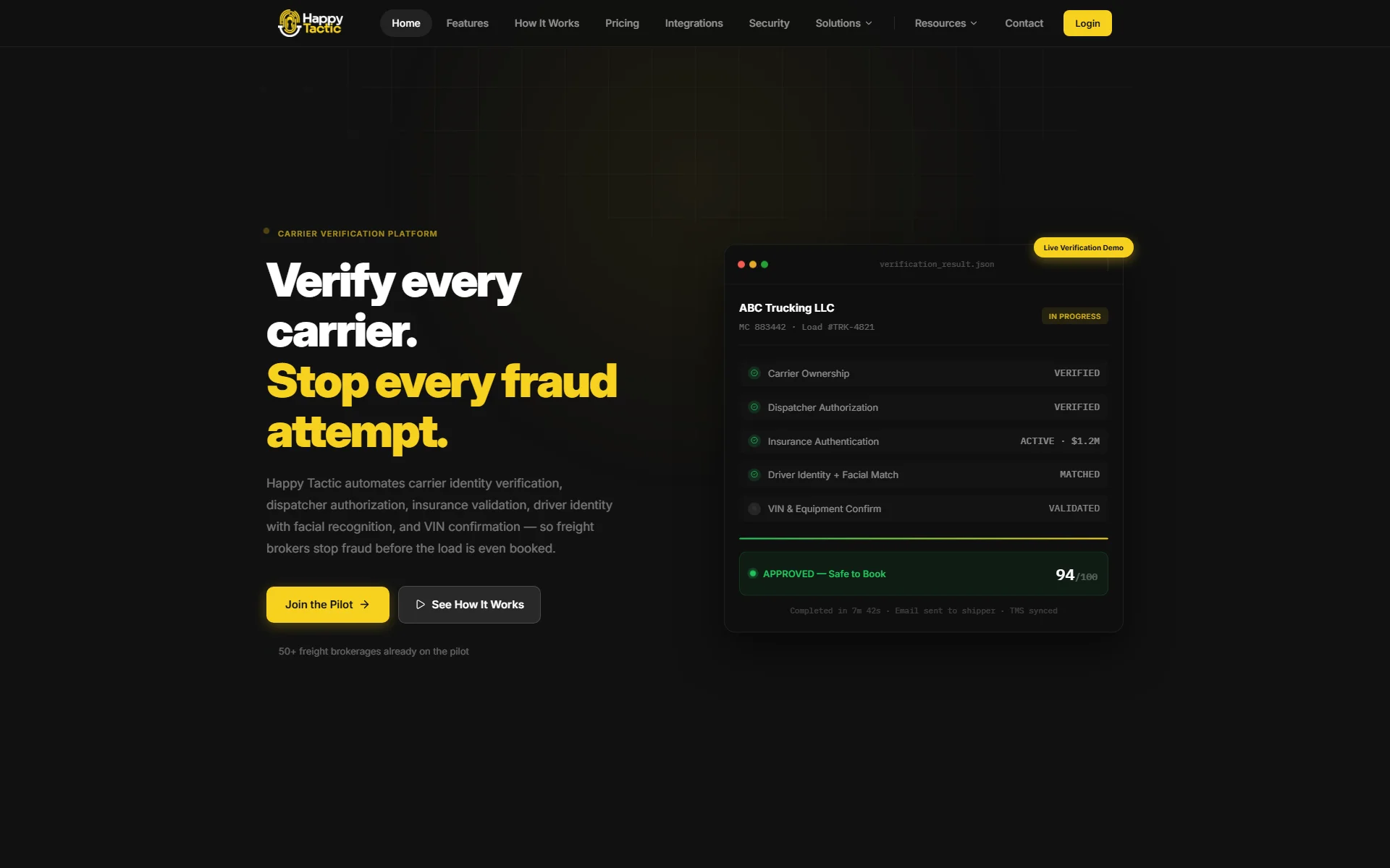 The Happy Tactic homepage on desktop: the headline 'Verify every carrier. Stop every fraud attempt.' beside a live verification demo card showing carrier ownership, dispatcher authorization and insurance checks resolving to an approved risk score
