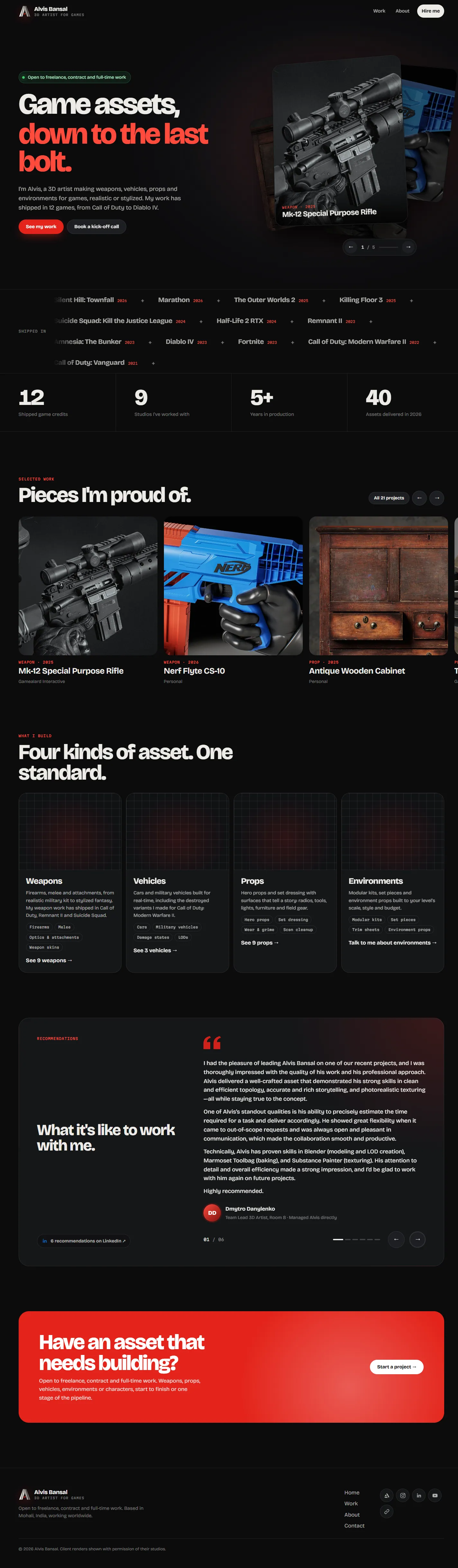 The full Alvis Bansal homepage: the hero, a marquee of shipped game credits, stats, selected work tiles, the What I build section with four 3D models, a testimonial and a red call-to-action band