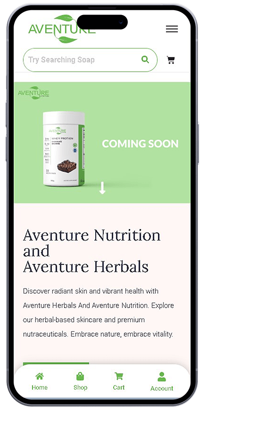 Phone mockup of the Aventure Nutrition online store