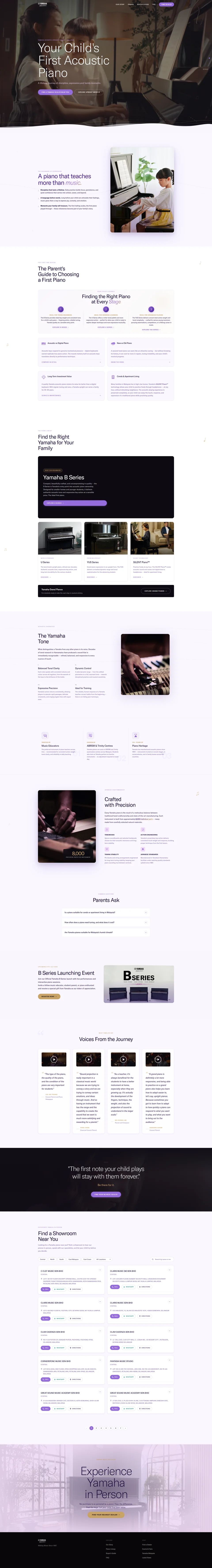 Full scroll of the campaign page: dark cinematic hero, learning benefits, the parent's guide to choosing a first piano, upright model families, the Yamaha tone, craftsmanship, FAQs, launch-event banner, testimonials and showroom finder