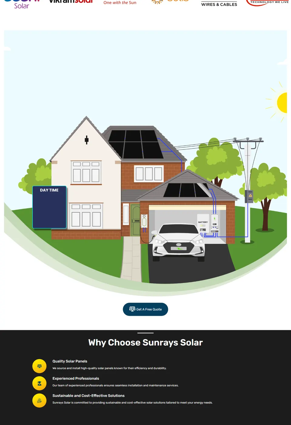 Deeper in the page: an illustrated diagram of a home running on solar and battery storage at night, a 'Get A Free Quote' button, and a 'Why Choose Sunrays Solar' section listing quality panels, experienced professionals and cost-effective solutions