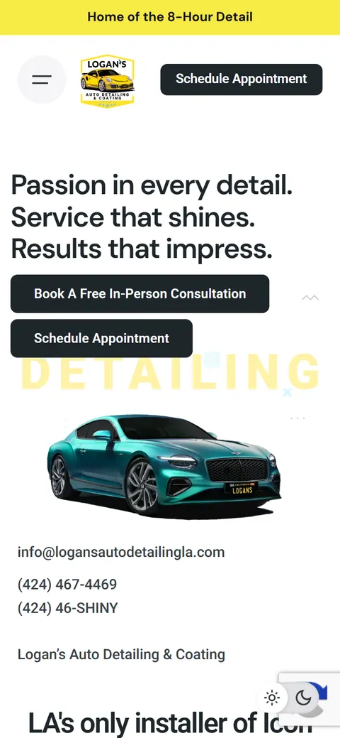 Logan's homepage on a mobile viewport: the Home of the 8-Hour Detail banner, booking buttons and a teal Bentley beneath the headline