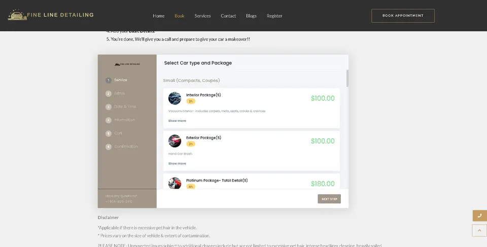 Fine Line Detailing online booking page, where a customer selects a service and schedules an appointment