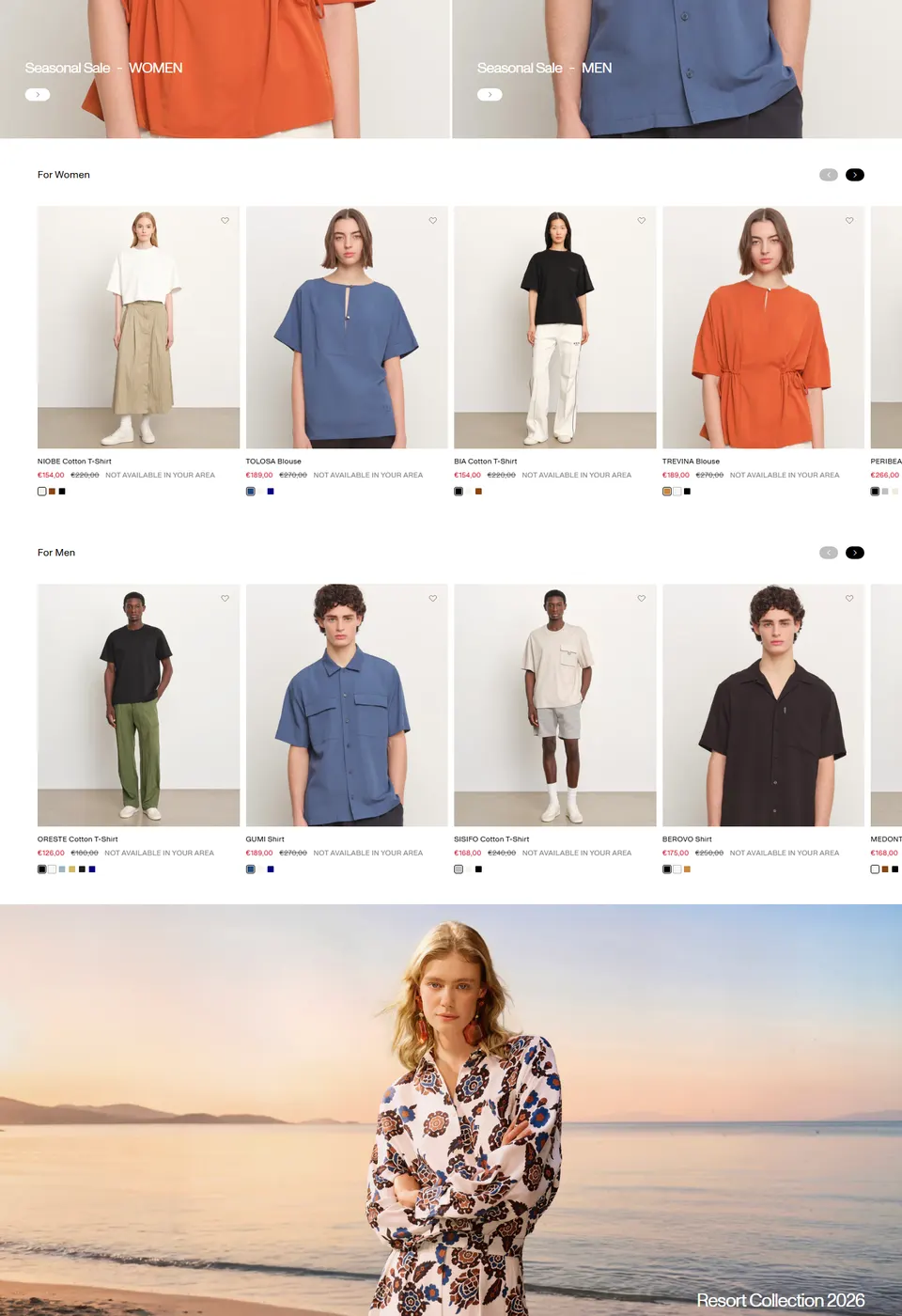 Deeper in the page: Women's and Men's seasonal-sale banners above product carousels of shirts, blouses and knitwear with prices, leading into a Resort Collection editorial image