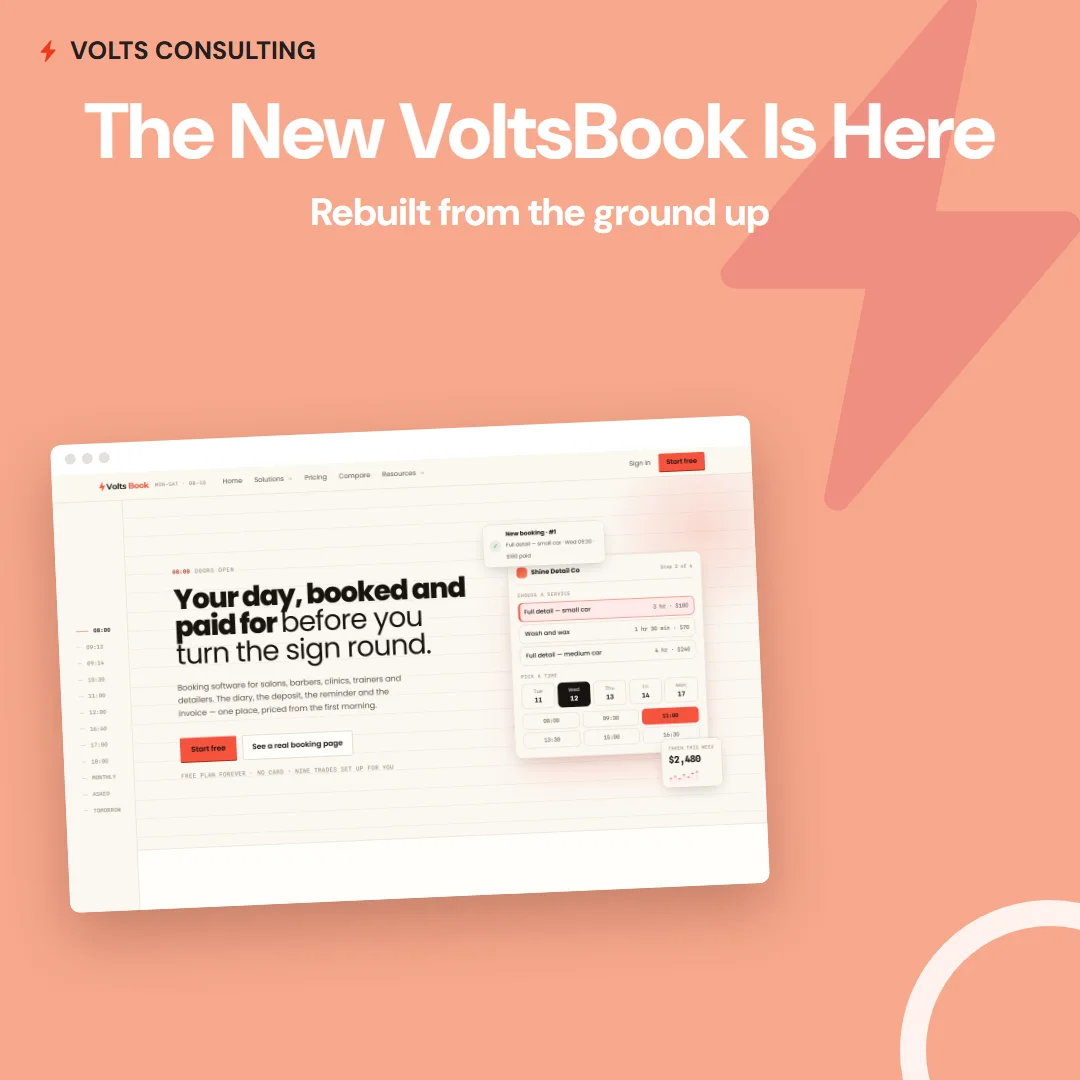 The relaunched VoltsBook booking software - the new voltsbook.com with deposits, staff diaries, and reminders built in