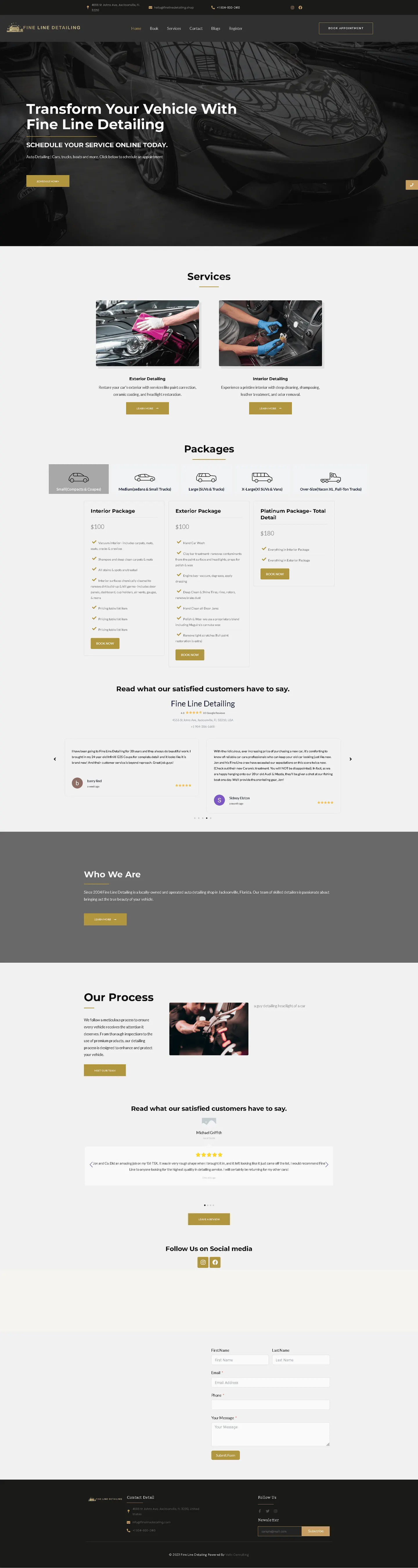 The full Fine Line Detailing homepage top to bottom: hero, Services, Packages priced by vehicle size, customer testimonials, 'Who We Are' and 'Our Process' sections