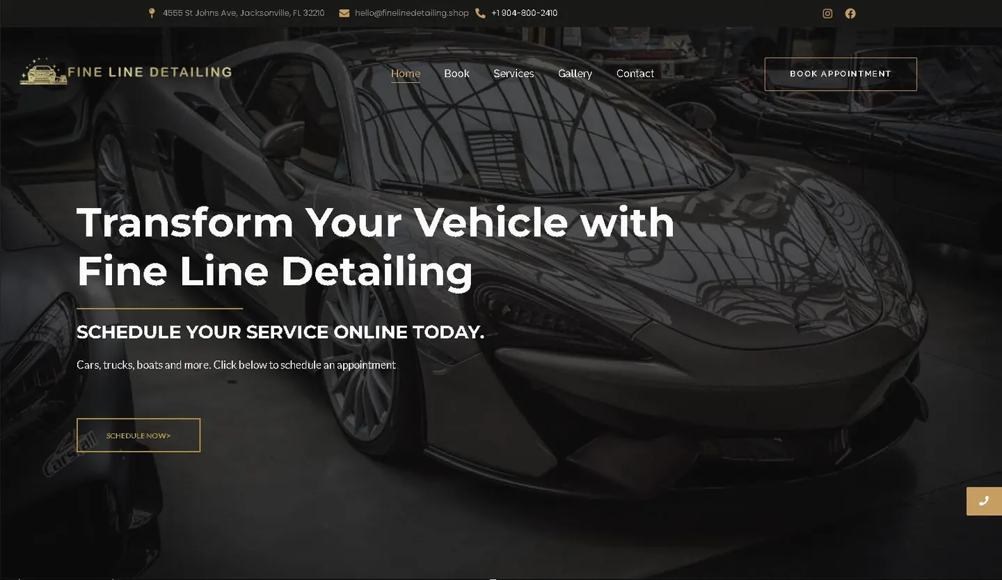 Fine Line Detailing homepage: a dark exotic-car hero with the 'Fine Line Detailing' logo, the headline 'Transform Your Vehicle with Fine Line Detailing', 'Schedule your service online today' and a Schedule Now button