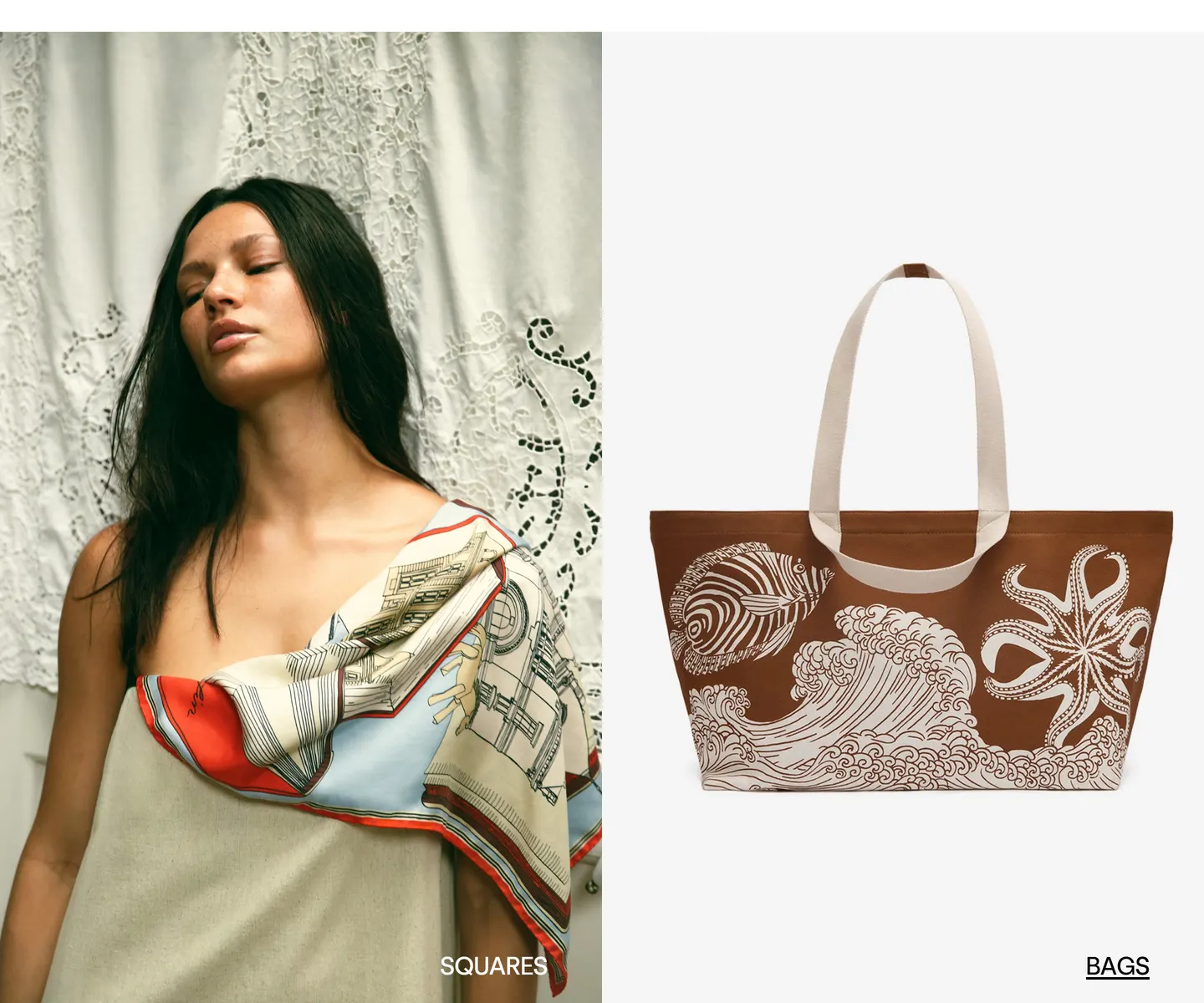 Deeper in the Inoui Editions homepage: a model draping a printed silk square labelled Squares beside a printed tote bag labelled Bags