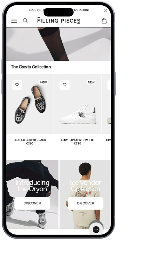 Phone mockup of the Filling Pieces store designed by Volts Consulting