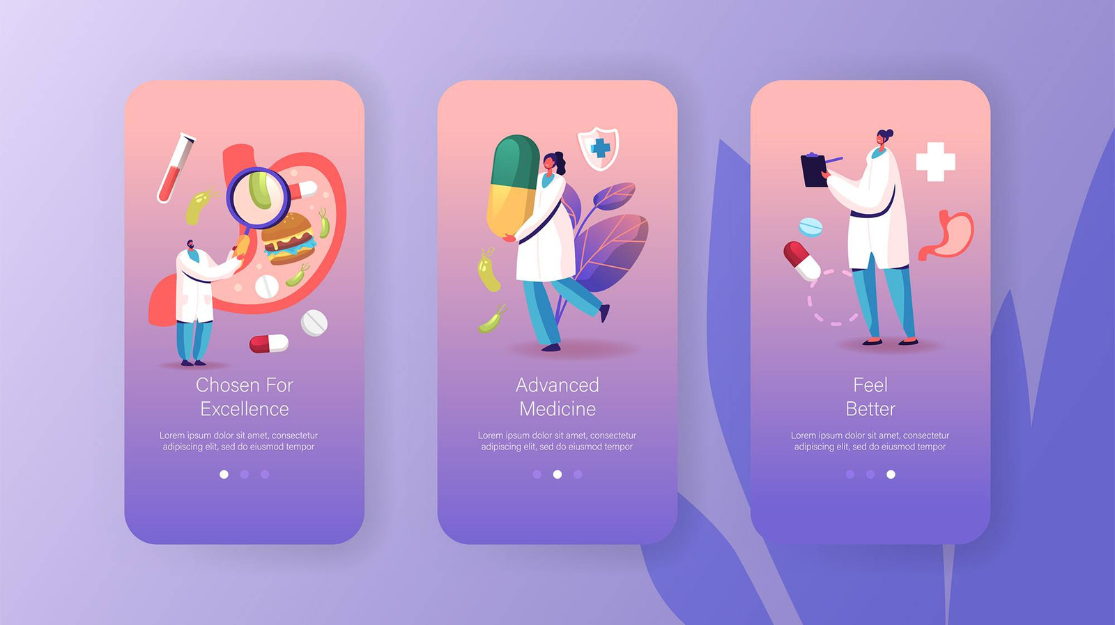 Set of mobile app onboarding screens in a purple gradient interface