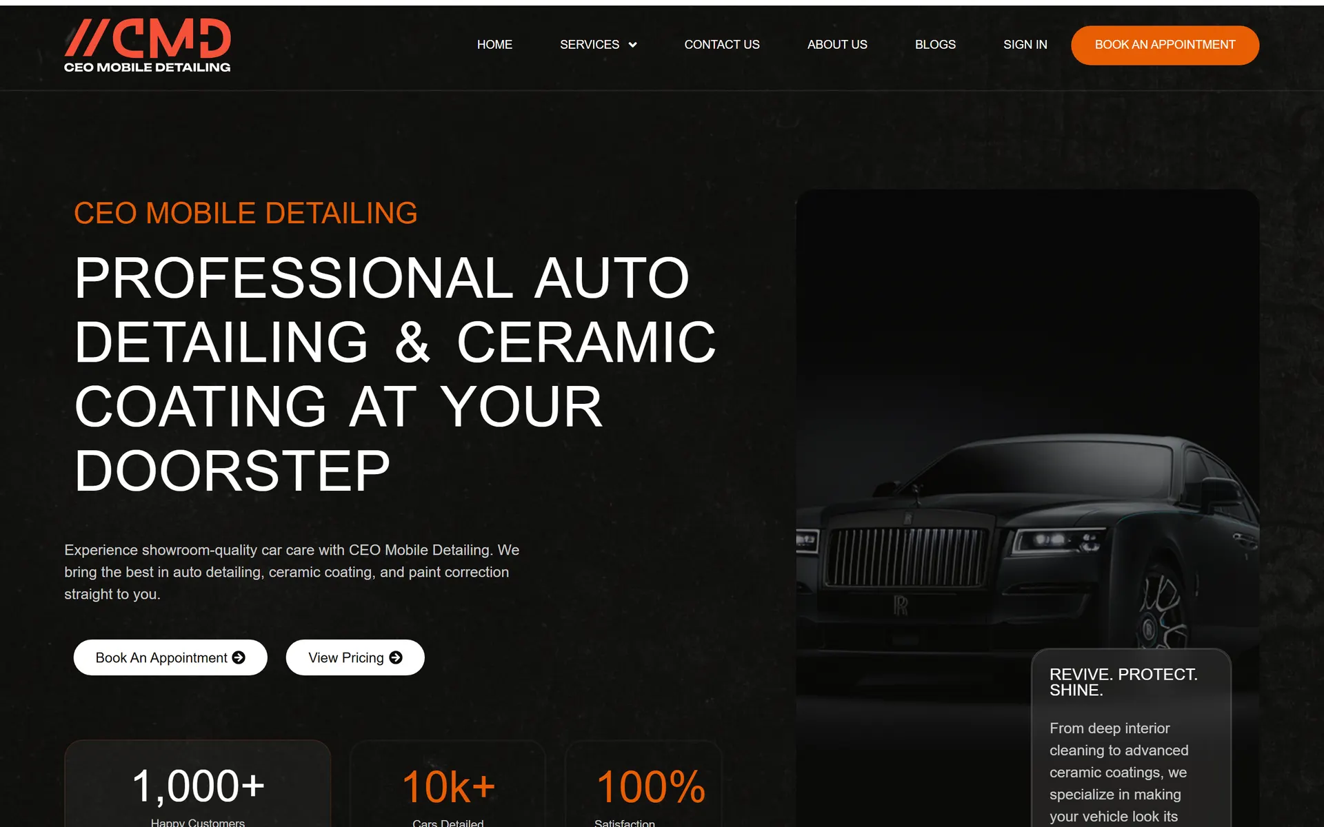 CEO Mobile Detailing homepage on desktop: a blacked-out luxury car on the right, the headline 'Professional Auto Detailing & Ceramic Coating at Your Doorstep', and Book An Appointment and View Pricing buttons