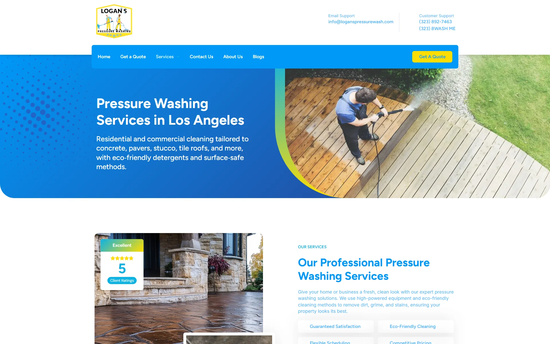The Logan's Pressure Washing services page: a blue gradient hero reading Pressure Washing Services in Los Angeles beside a photo of a deck being pressure washed, with a 5-star client-ratings card below