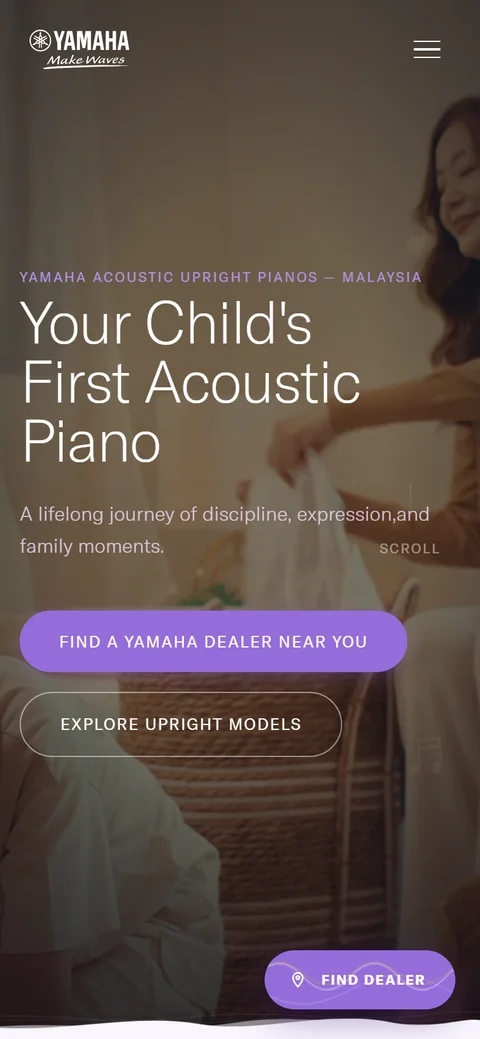 The campaign page on a mobile viewport: the hero headline over a warm family scene, stacked lavender and outline buttons, and a floating Find Dealer pill in the corner