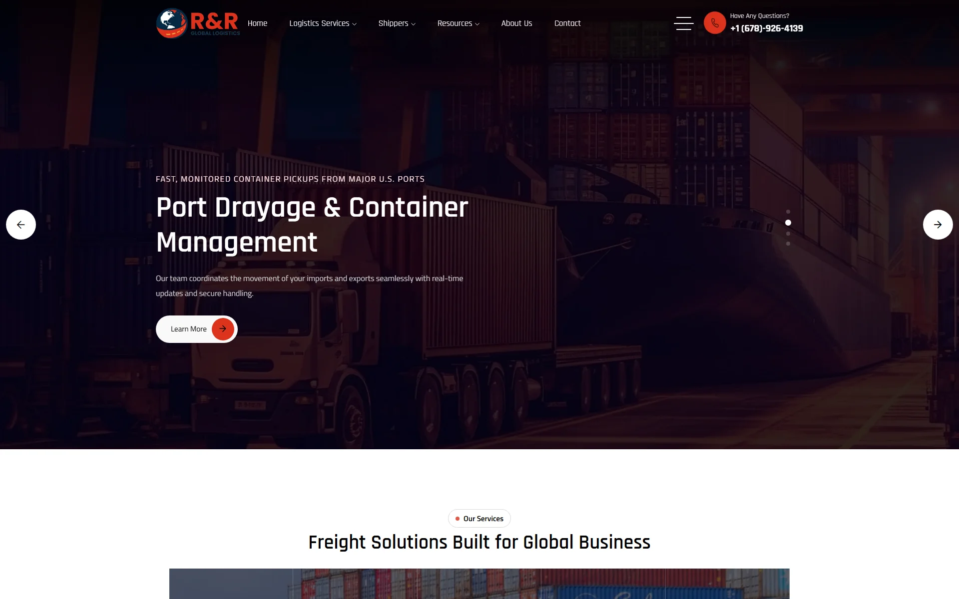 The R&R Global Logistics homepage: a dark, cinematic hero of freight trucks and shipping containers at a port, with the R&R navigation and a contact phone number