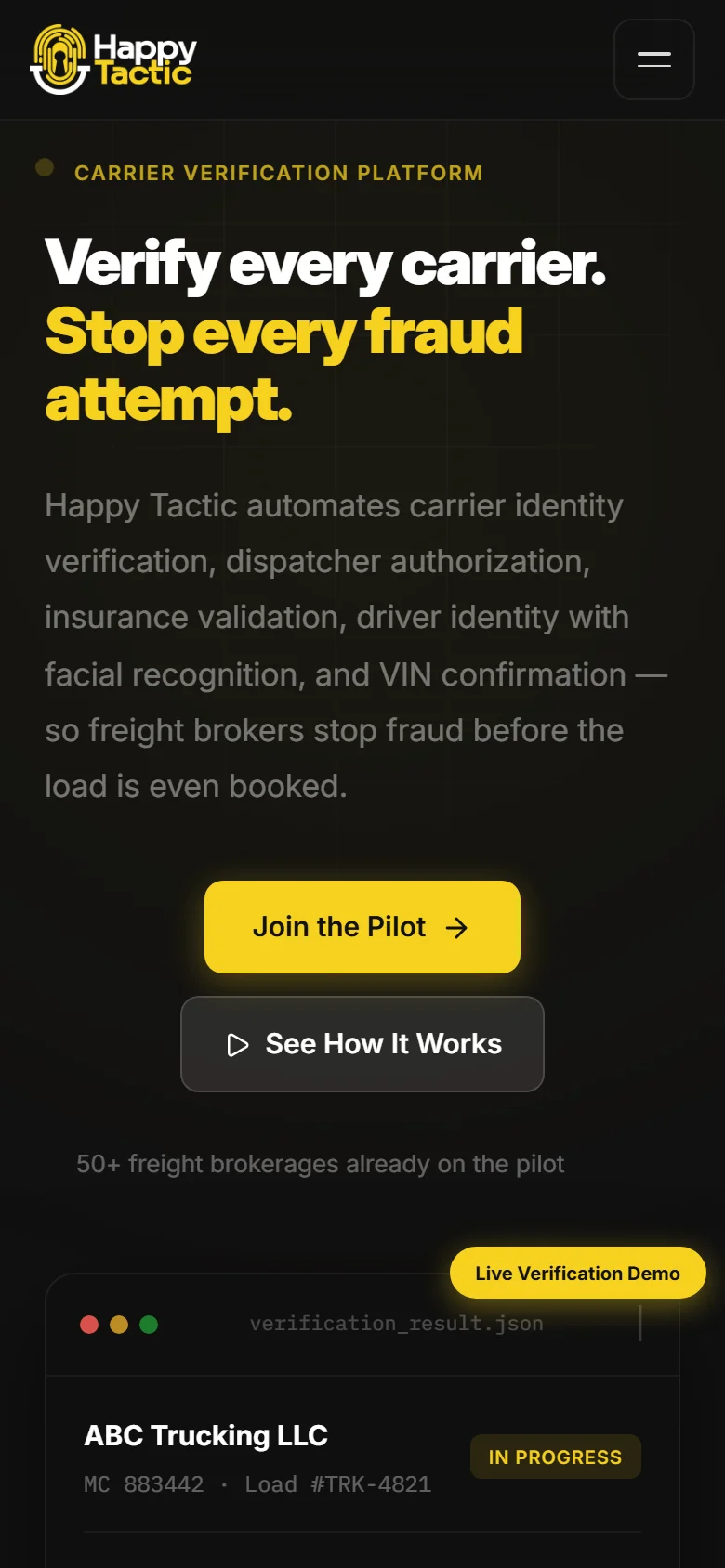 The Happy Tactic homepage on a mobile viewport: the 'Verify every carrier. Stop every fraud attempt.' headline above Join the Pilot and See How It Works buttons