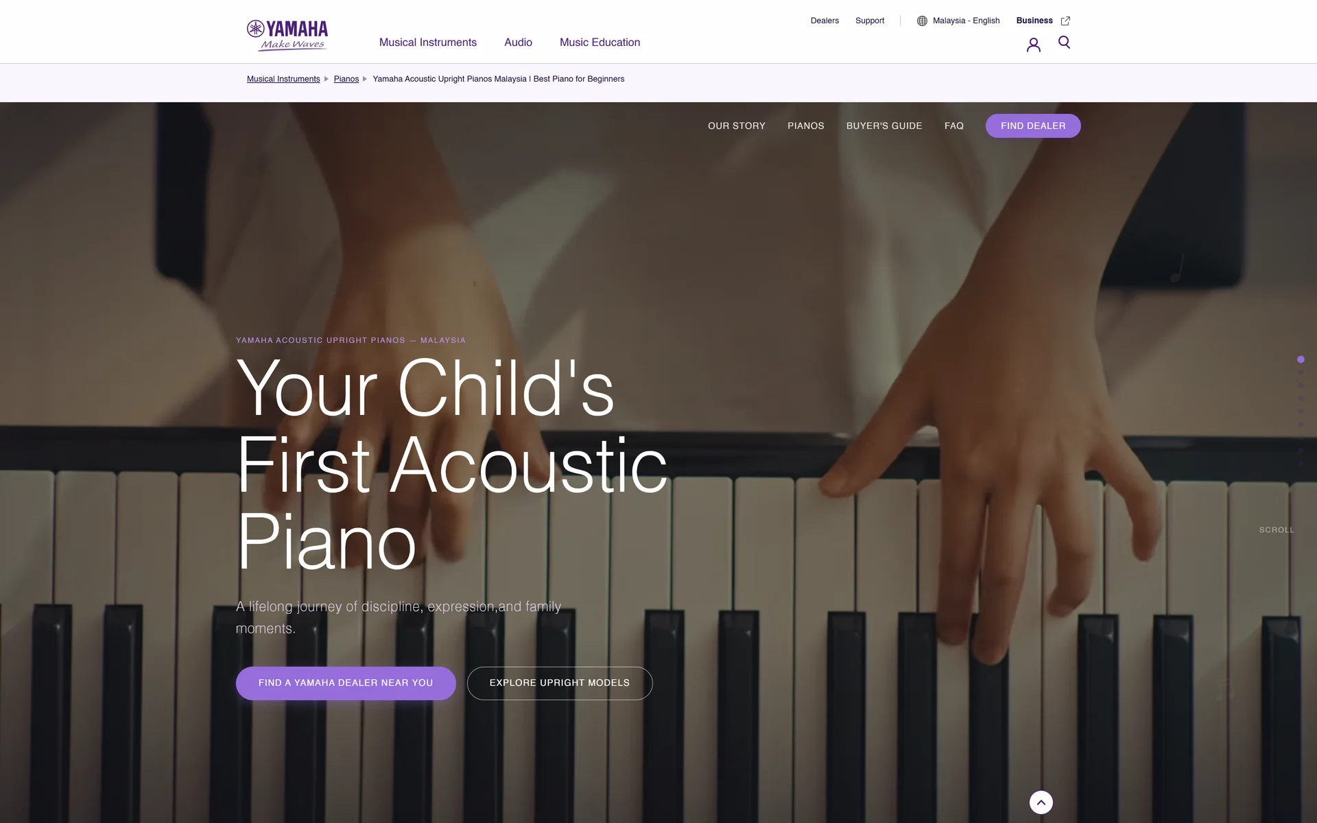 The campaign live on my.yamaha.com inside Yamaha's global site navigation and breadcrumb: the same hero headline over a film frame of a child's hands on acoustic piano keys