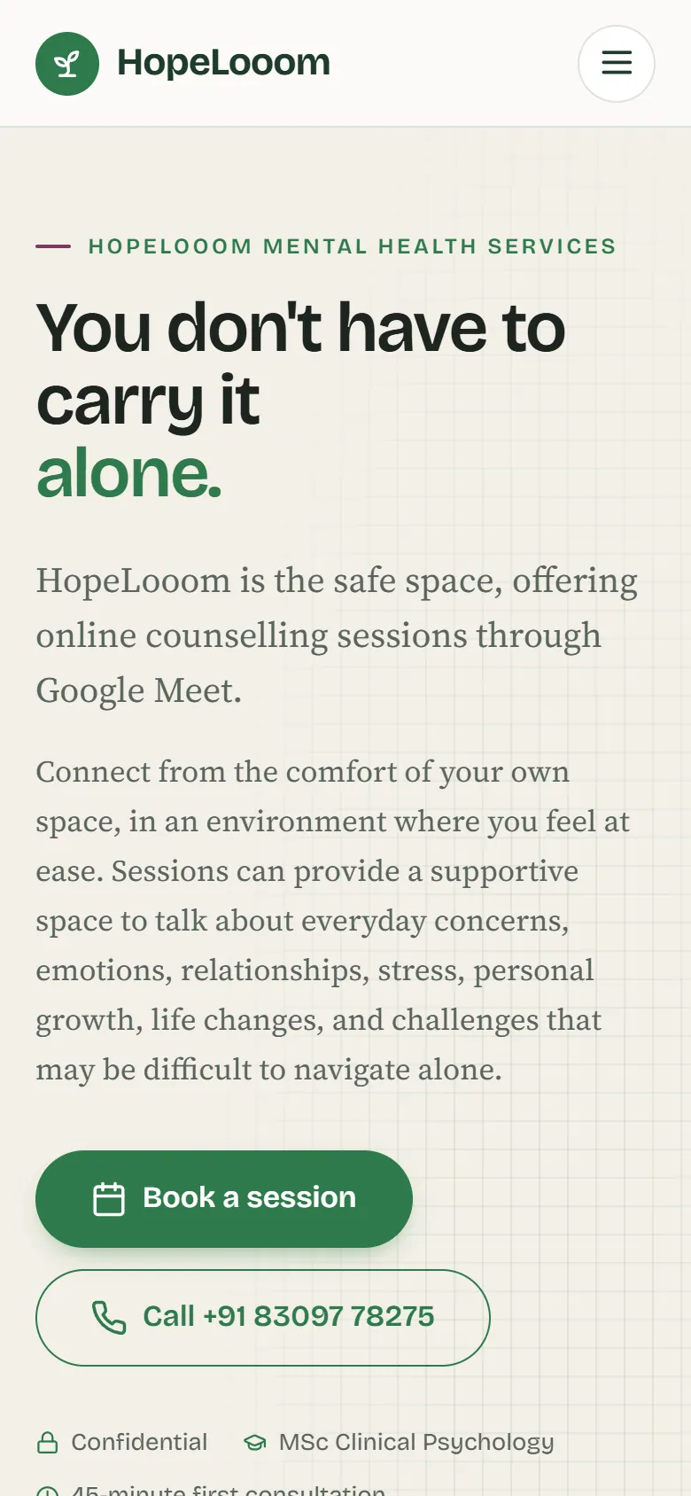 HopeLooom on a phone: the headline You don't have to carry it alone, a short introduction to online sessions, a green Book a session button and a Call button