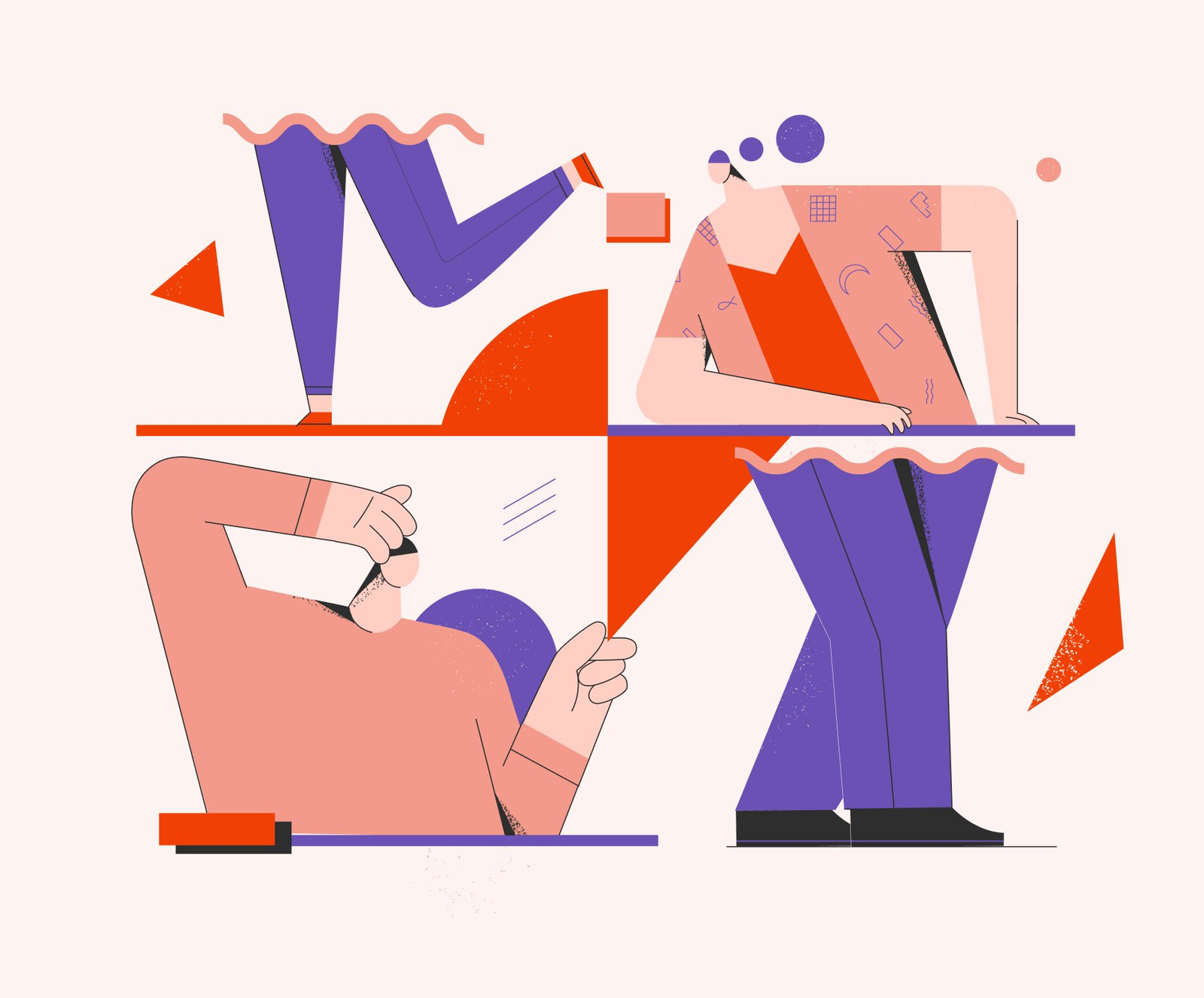 Illustration of people collaborating among oversized geometric shapes