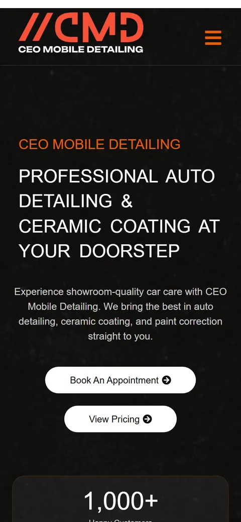 CEO Mobile Detailing on a mobile viewport: the CMD logo, the hero headline and Book An Appointment / View Pricing buttons