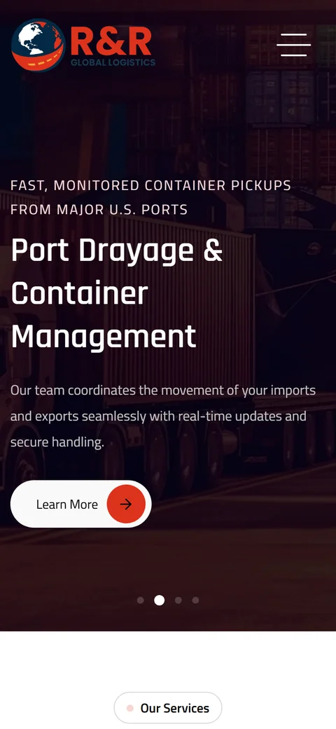 R&R Global Logistics on a mobile viewport: the dark freight hero and R&R Global Logistics logo above an Our Services prompt