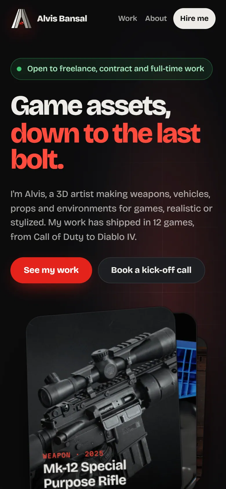 The Alvis Bansal portfolio on a phone: an availability pill, the headline Game assets, down to the last bolt, See my work and Book a kick-off call buttons, and a weapon render card below