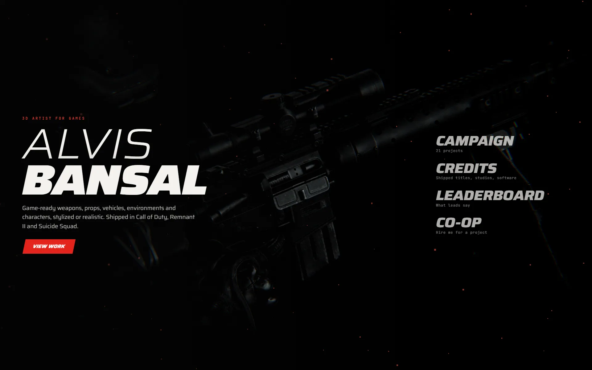 Direction four, Main Menu: italic ALVIS BANSAL lettering over a dark rifle render, with game-menu labels Campaign, Credits, Leaderboard and Co-op down the right side