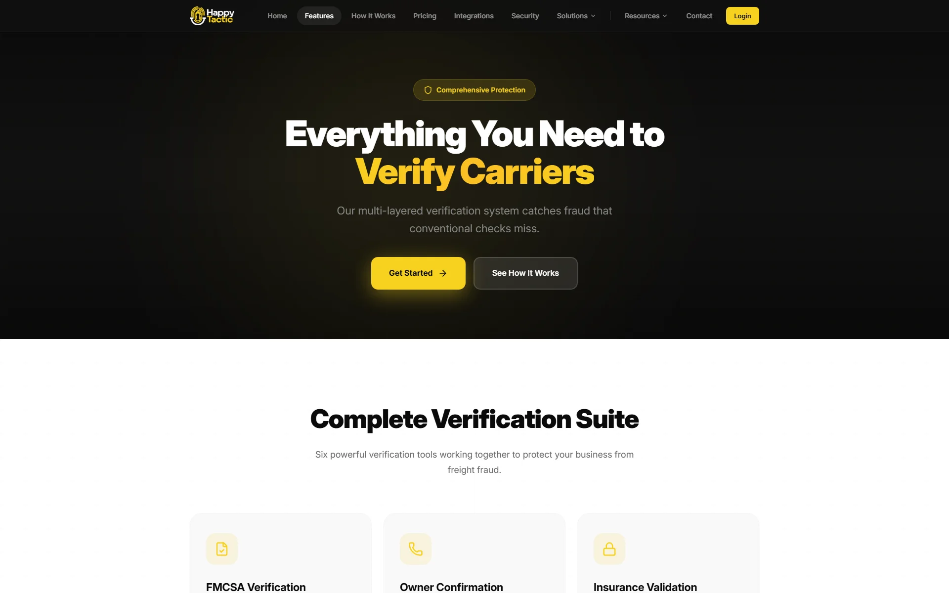 The Happy Tactic features page: the headline 'Everything You Need to Verify Carriers' above the start of the Complete Verification Suite section
