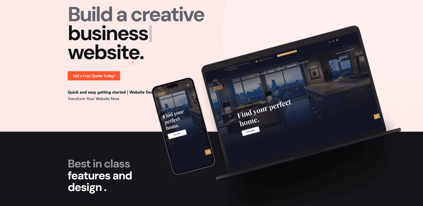 Website builder screen showing a creative business website template