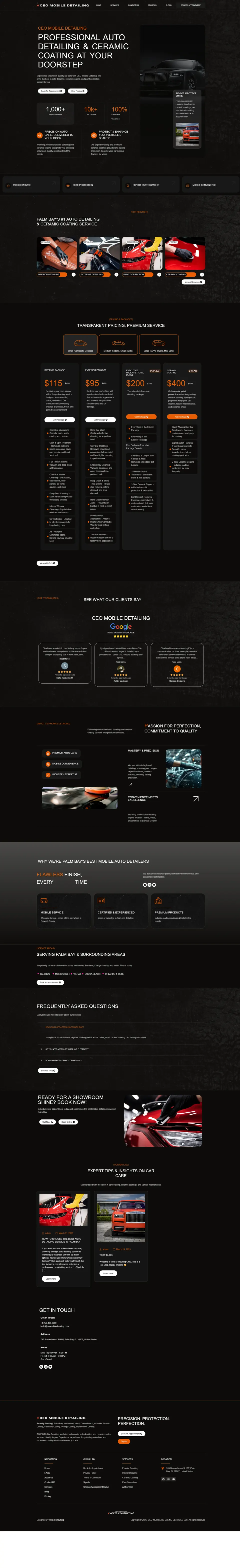 The full CEO Mobile Detailing homepage top to bottom: hero, proof stats, services, pricing and booking sections in the dark orange-on-black theme