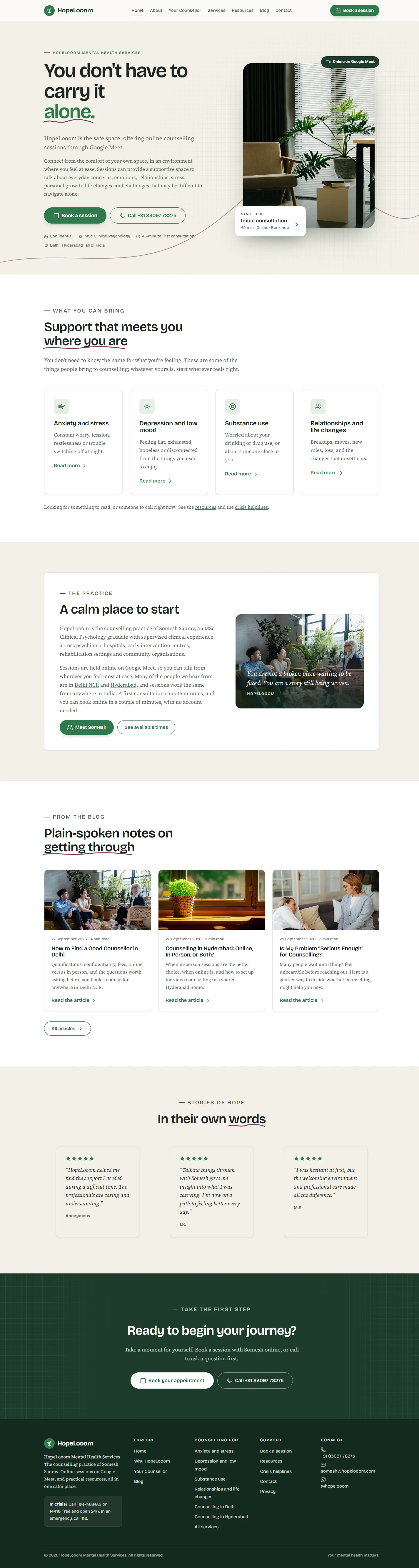 The full HopeLooom homepage: the hero, support for anxiety, depression, substance use and life changes, a calm place to start section, blog posts, client words and a deep green booking band
