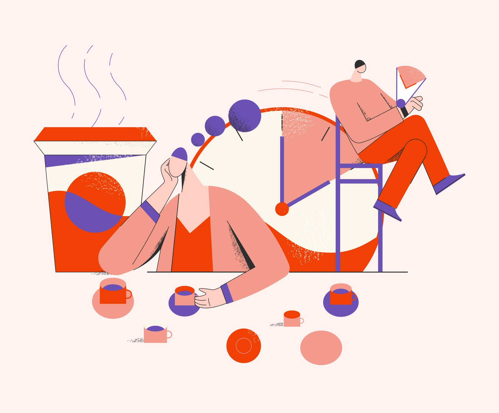Illustration of people relaxing beside a large clock and coffee cups