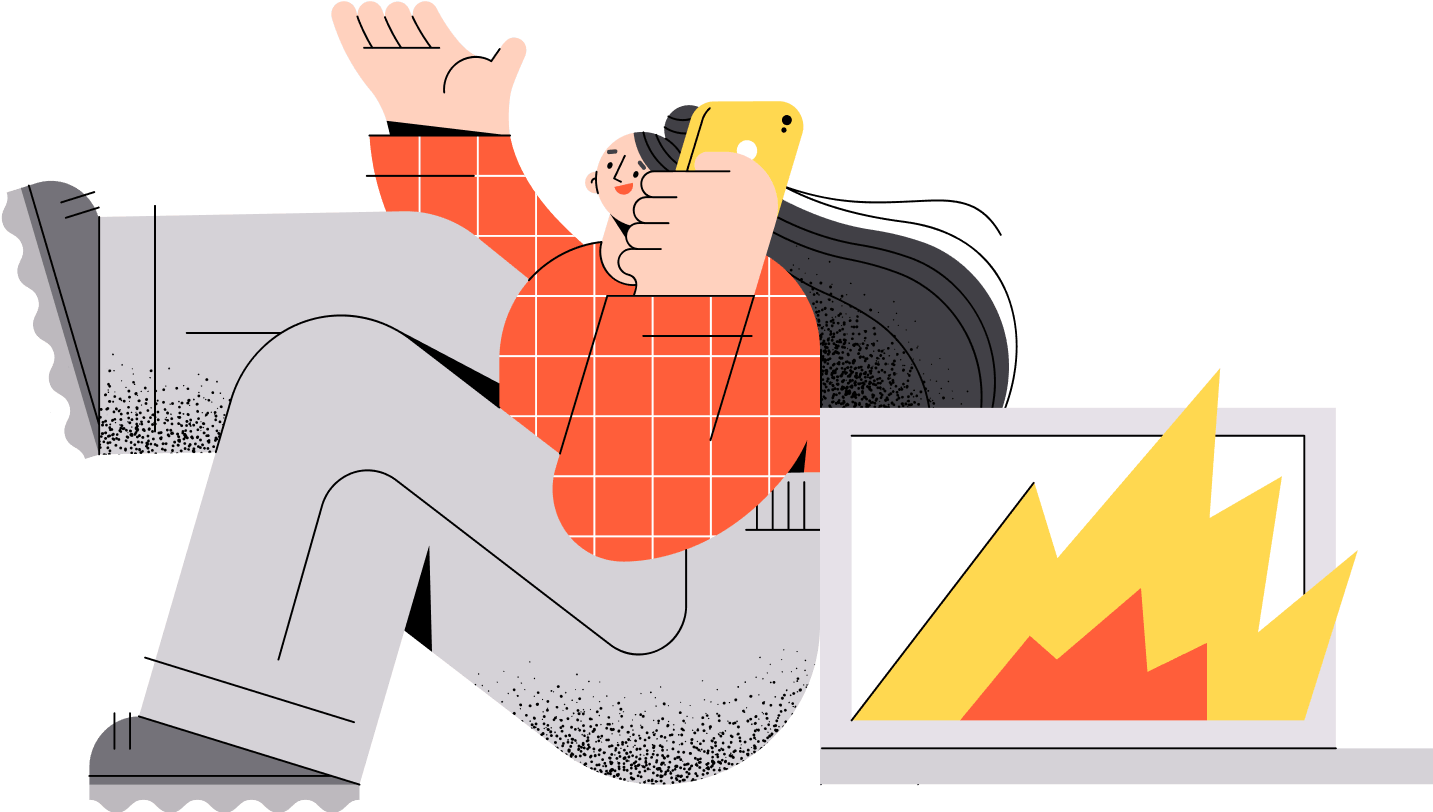 Illustration of a person relaxing with a phone beside a laptop showing a rising chart