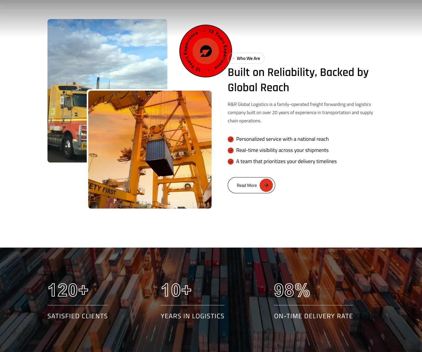 The Who We Are section of the R&R site: the heading Built on Reliability, Backed by Global Reach with supporting copy and a list of service commitments