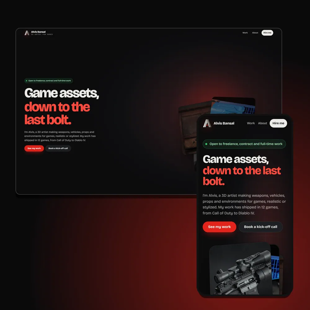 The Alvis Bansal portfolio on desktop and mobile: the red-accented headline Game assets, down to the last bolt beside a deck of weapon renders on a near-black page