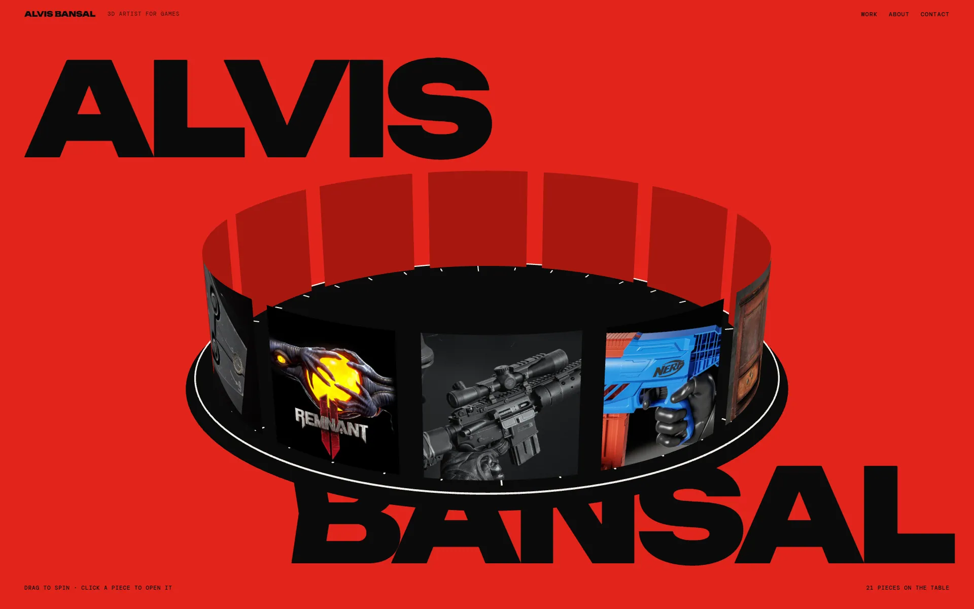 Direction two, Turntable: huge black ALVIS BANSAL type on a red background around a spinning circular platter of game-asset renders