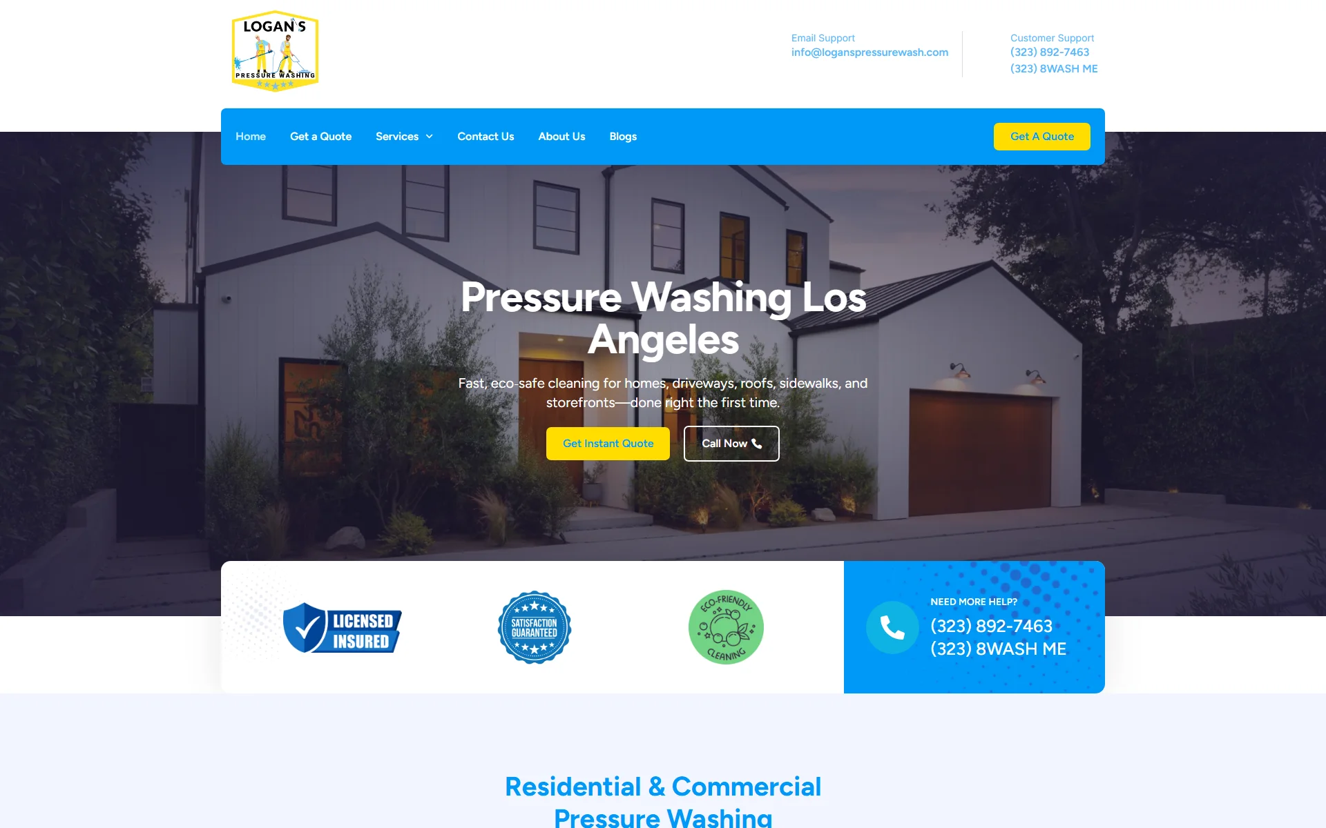 The Logan's Pressure Washing homepage: the headline Pressure Washing Los Angeles over a dusk-lit modern white home, with Get Instant Quote and Call Now buttons and a trust-badge strip below