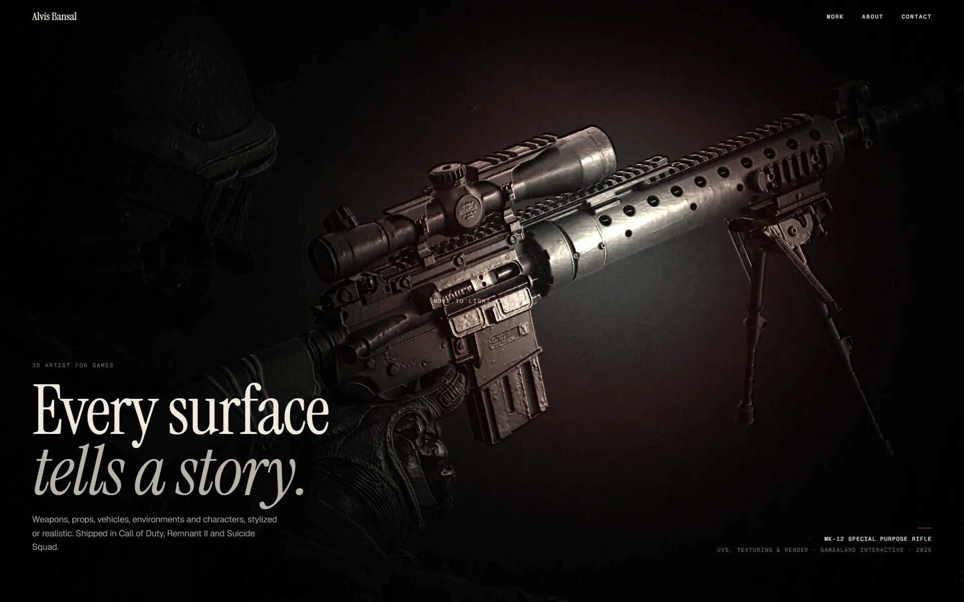 Direction three, Torchlight: a scoped rifle render emerging from darkness under a cursor-driven light, with the serif headline Every surface tells a story
